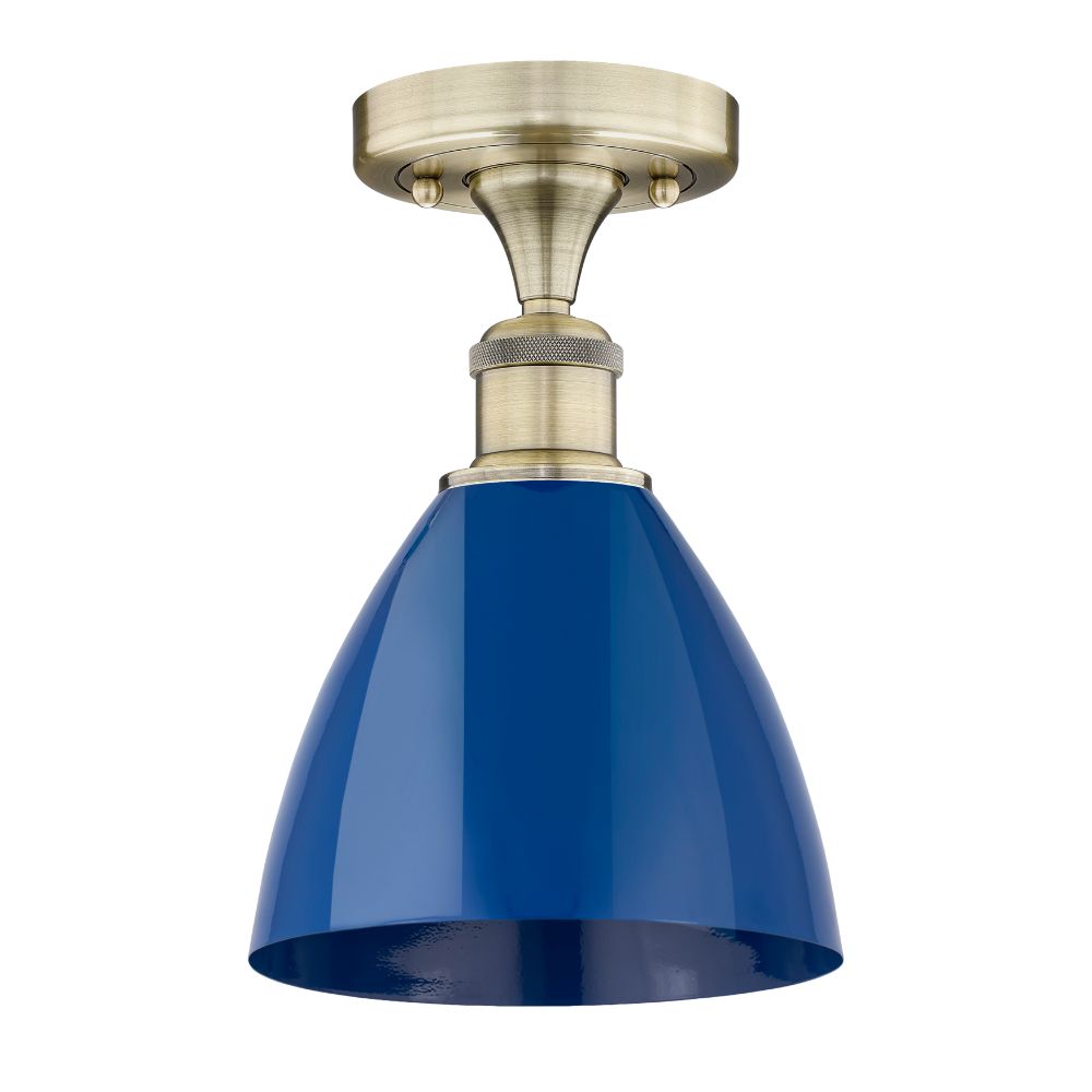 Innovations 616-1F-AB-MBD-75-BL Plymouth Dome - 1 Light 8" Semi-Flush Mount - Antique Brass Finish - Blue Shade