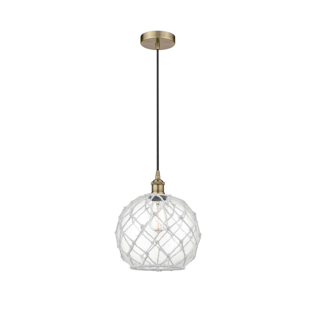Innovations 616-1P-AB-G122-10RW Edison - 1 Light 10" Cord Hung Mini Pendant - Antique Brass Finish - Clear Glass with White Rope Shade