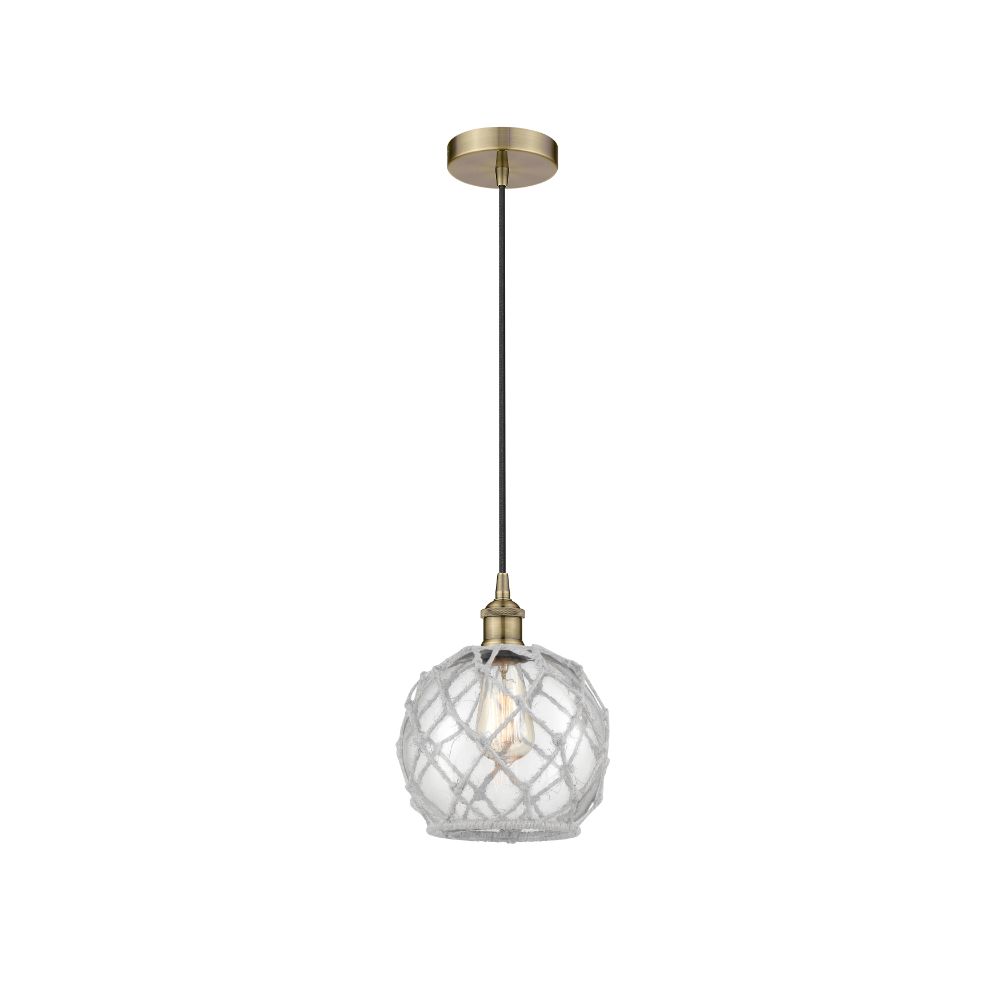 Innovations 616-1P-AB-G122-8RW Edison - 1 Light 8" Cord Hung Mini Pendant - Antique Brass Finish - Clear Glass with White Rope Shade