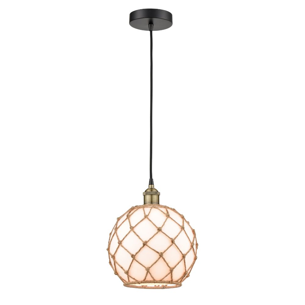 Innovations 616-1P-BAB-G121-10RB Edison - 1 Light 10" Cord Hung Mini Pendant - Black Antique Brass Finish - White Glass with Brown Rope Shade