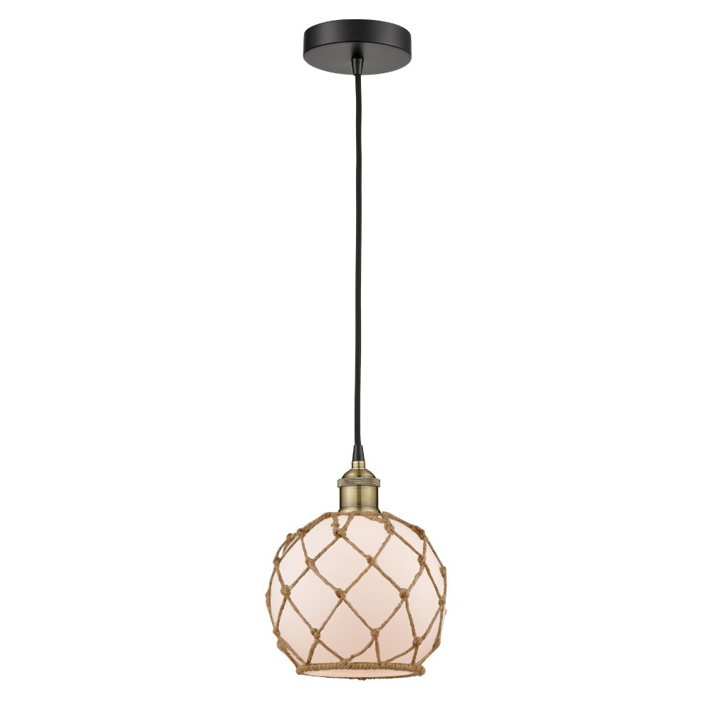 Innovations 616-1P-BAB-G121-8RB Edison - 1 Light 8" Cord Hung Mini Pendant - Black Antique Brass Finish - White Glass with Brown Rope Shade