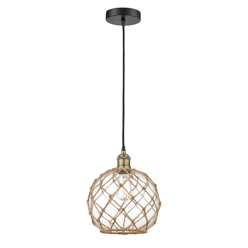 Innovations 616-1P-BAB-G122-10RB Edison - 1 Light 10" Cord Hung Mini Pendant - Black Antique Brass Finish - Clear Glass with Brown Rope Shade