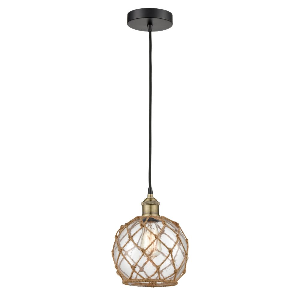 Innovations 616-1P-BAB-G122-8RB Edison - 1 Light 8" Cord Hung Mini Pendant - Black Antique Brass Finish - Clear Glass with Brown Rope Shade