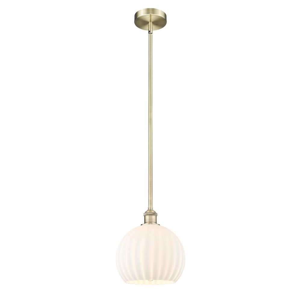 Innovations 616-1S-AB-G1217-10WV Edison - White Venetian - 1 Light 10" Stem Hung Mini Pendant - Antique Brass Finish - White Venetian Shade