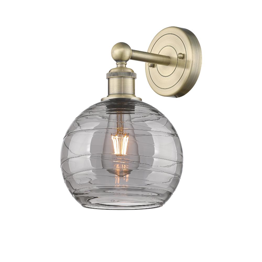 Innovations 616-1W-AB-G1213-8SM Edison - Athens Deco Swirl - 1 Light 8" Sconce - Round Backplate Antique Brass Finish - Light Smoke Deco Swirl Shade