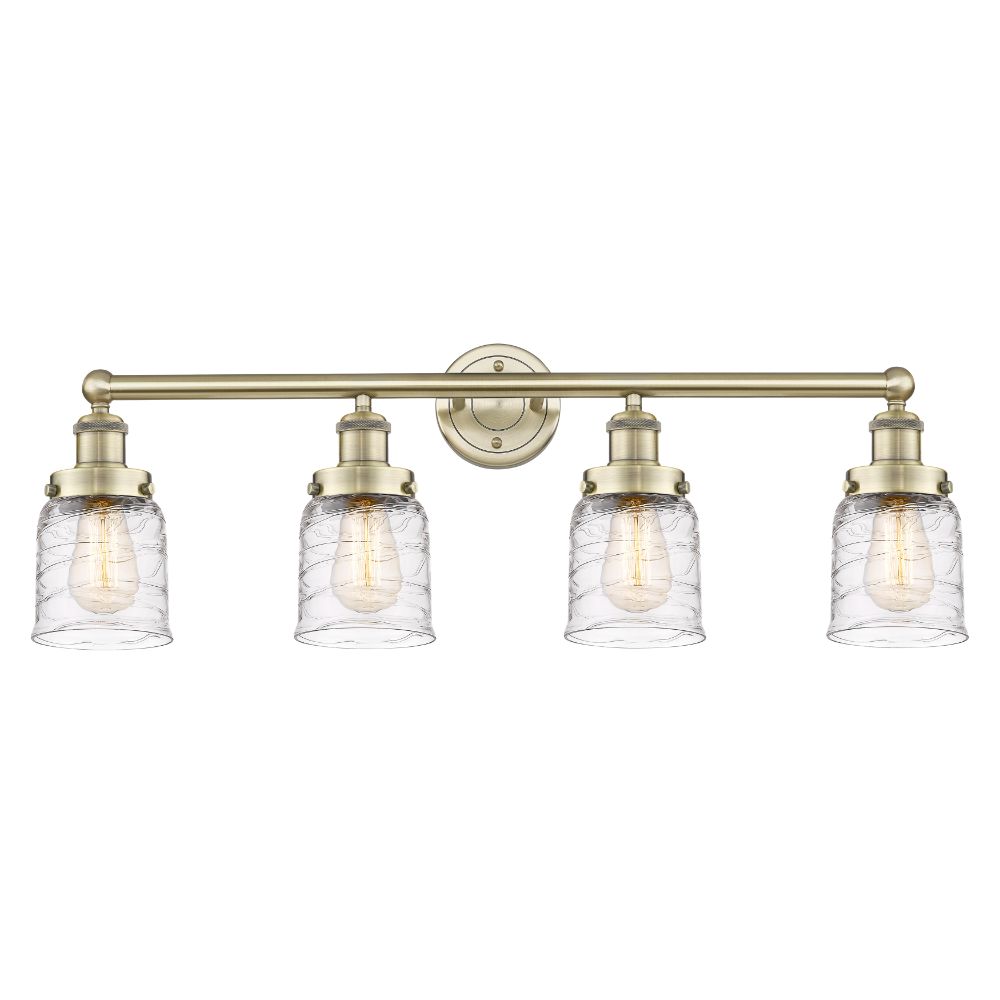 Innovations 616-4W-AB-G513 Small Bell - 4 Light 34" Bath Vanity Light - Antique Brass Finish - Clear Deco Swirl Shade