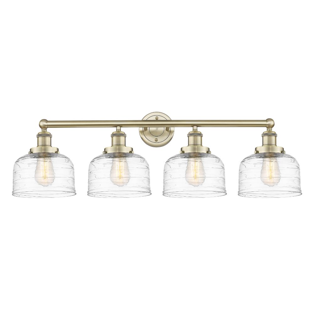 Innovations 616-4W-AB-G713 Large Bell - 4 Light 34" Bath Vanity Light - Antique Brass Finish - Clear Deco Swirl Shade
