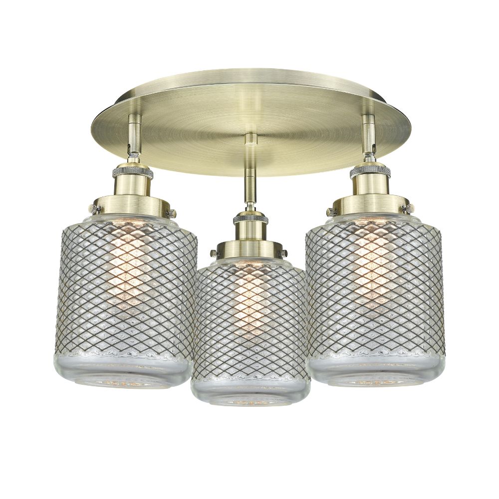 Innovations 916-3C-AB-G262 Edison - 3 Light 18" Flush Mount - Antique Brass Finish - Clear Wire Mesh Glass Shade