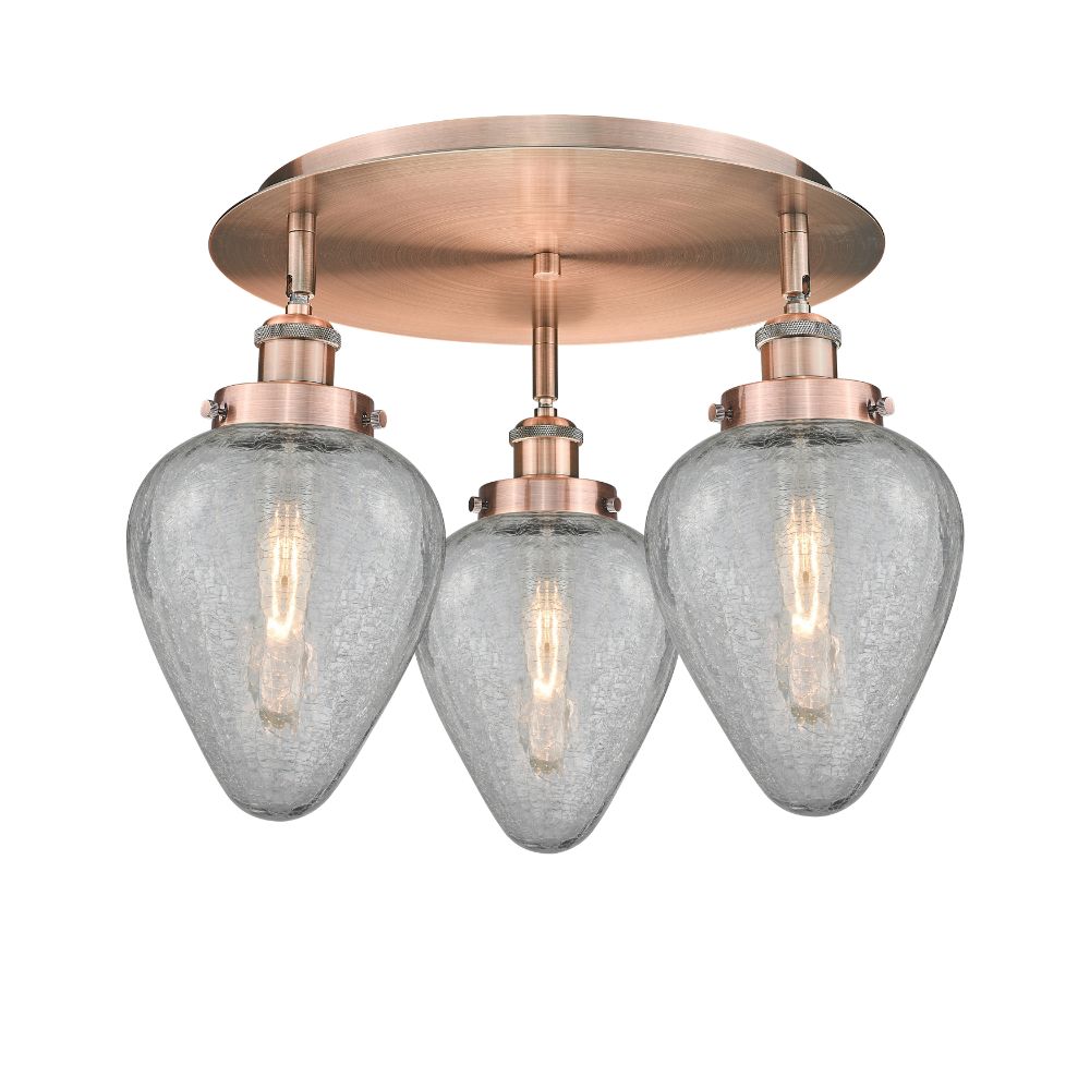 Innovations 916-3C-AC-G165 Geneseo - 3 Light 18" Flush Mount - Antique Copper Finish - Clear Crackled Glass Shade