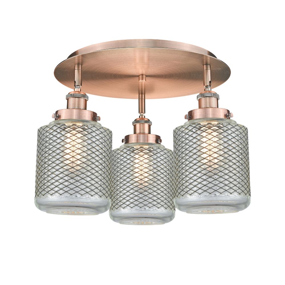 Innovations 916-3C-AC-G262 Edison - 3 Light 18" Flush Mount - Antique Copper Finish - Clear Wire Mesh Glass Shade