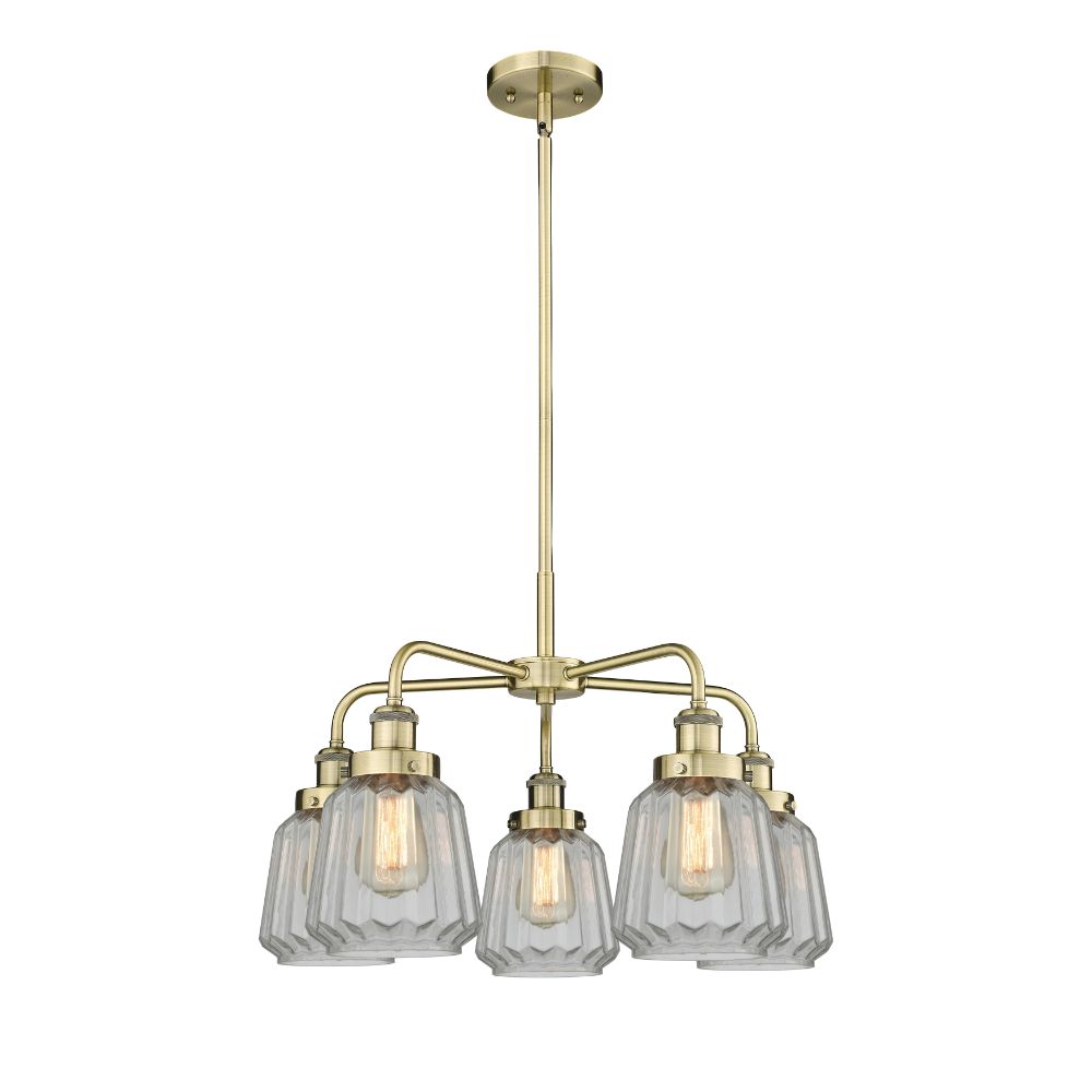 Innovations 916-5CR-AB-G142 Chatham - 5 Light 25" Stem Hung Chandelier - Antique Brass Finish - Clear Glass Shade
