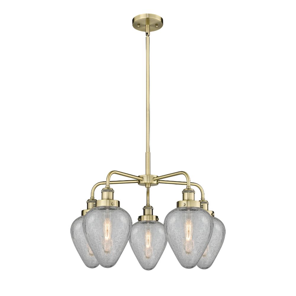 Innovations 916-5CR-AB-G165 Geneseo - 5 Light 24" Stem Hung Chandelier - Antique Brass Finish - Clear Crackled Glass Shade