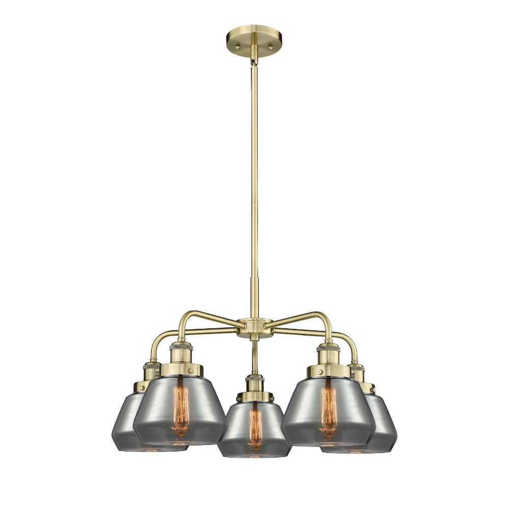Innovations 916-5CR-AB-G173 Fulton - 5 Light 25" Stem Hung Chandelier - Antique Brass Finish - Plated Smoke Glass Shade