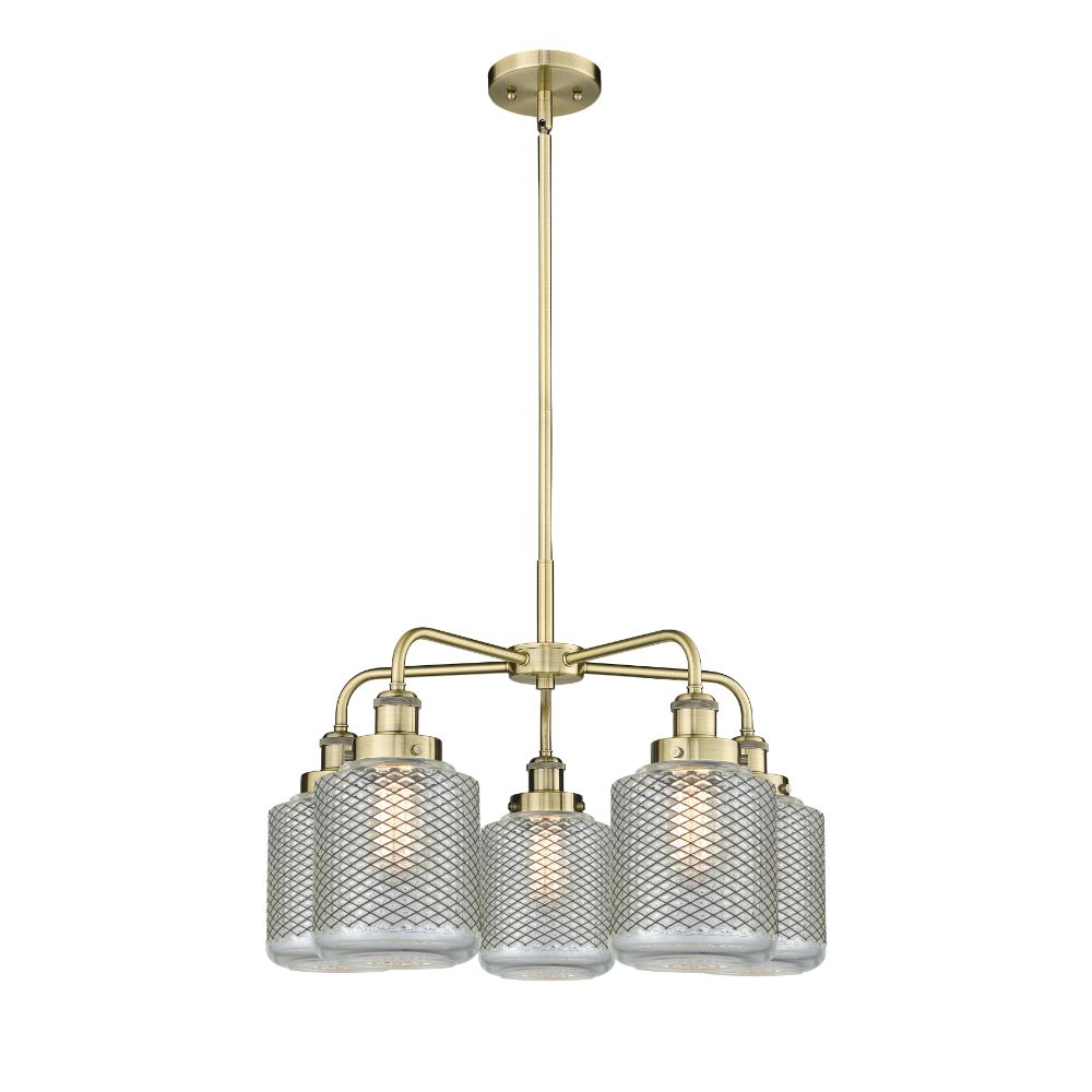 Innovations 916-5CR-AB-G262 Edison - 5 Light 24" Stem Hung Chandelier - Antique Brass Finish - Clear Wire Mesh Glass Shade