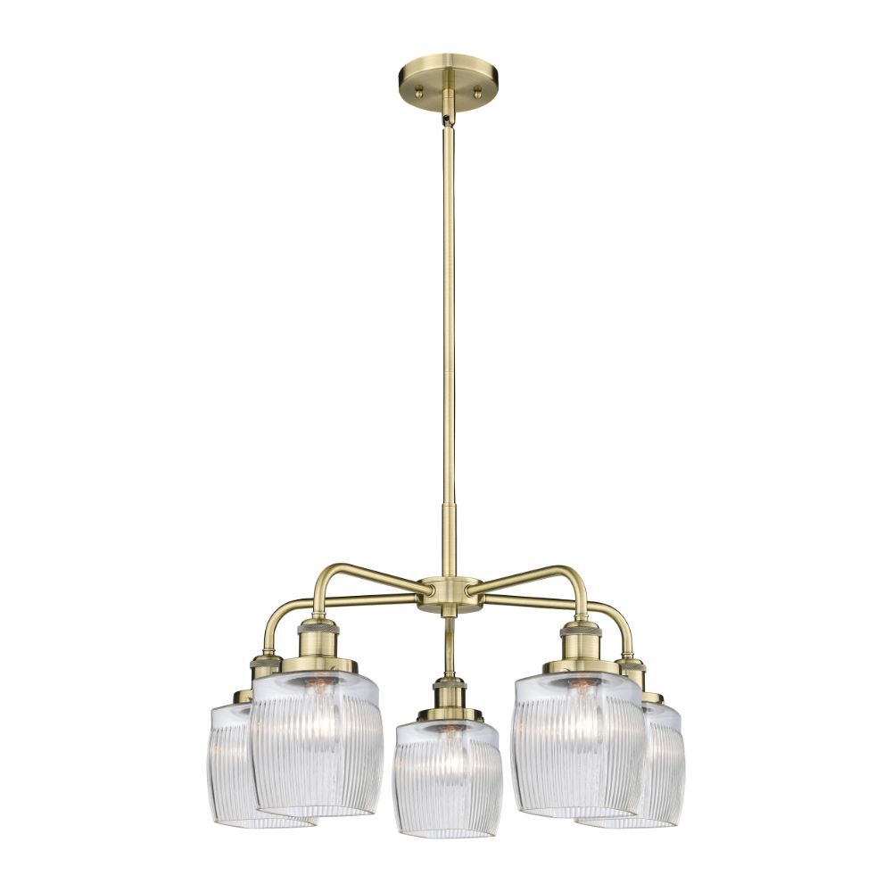 Innovations 916-5CR-AB-G302 Colton - 5 Light 24" Stem Hung Chandelier - Antique Brass Finish - Clear Halophane Glass Shade