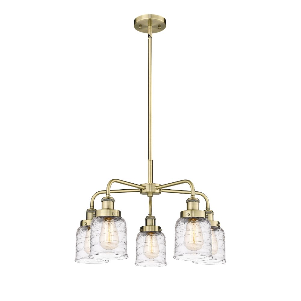 Innovations 916-5CR-AB-G513 Bell - 5 Light 23" Stem Hung Chandelier - Antique Brass Finish - Clear Deco Swirl Glass Shade