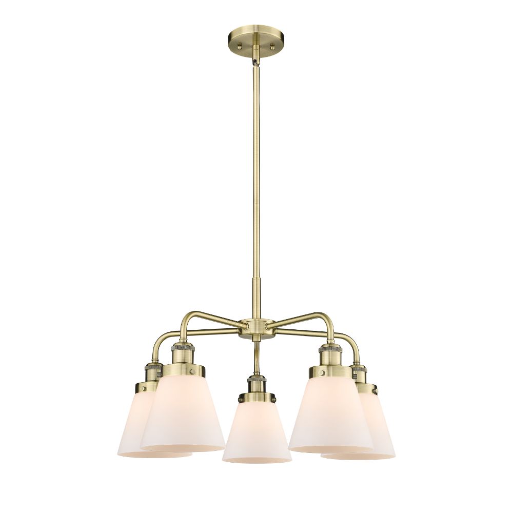 Innovations 916-5CR-AB-G61 Cone - 5 Light 24" Stem Hung Chandelier - Antique Brass Finish - Matte White Glass Shade