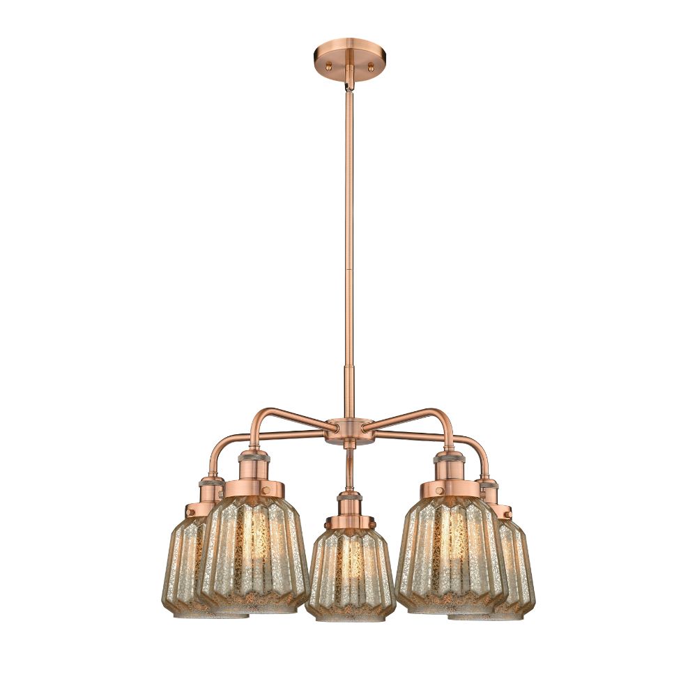 Innovations 916-5CR-AC-G146 Chatham - 5 Light 25" Stem Hung Chandelier - Antique Copper Finish - Mercury Glass Shade