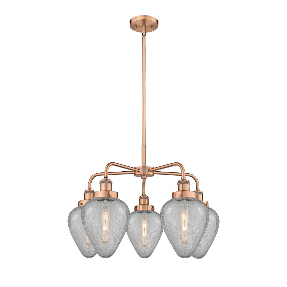 Innovations 916-5CR-AC-G165 Geneseo - 5 Light 24" Stem Hung Chandelier - Antique Copper Finish - Clear Crackled Glass Shade