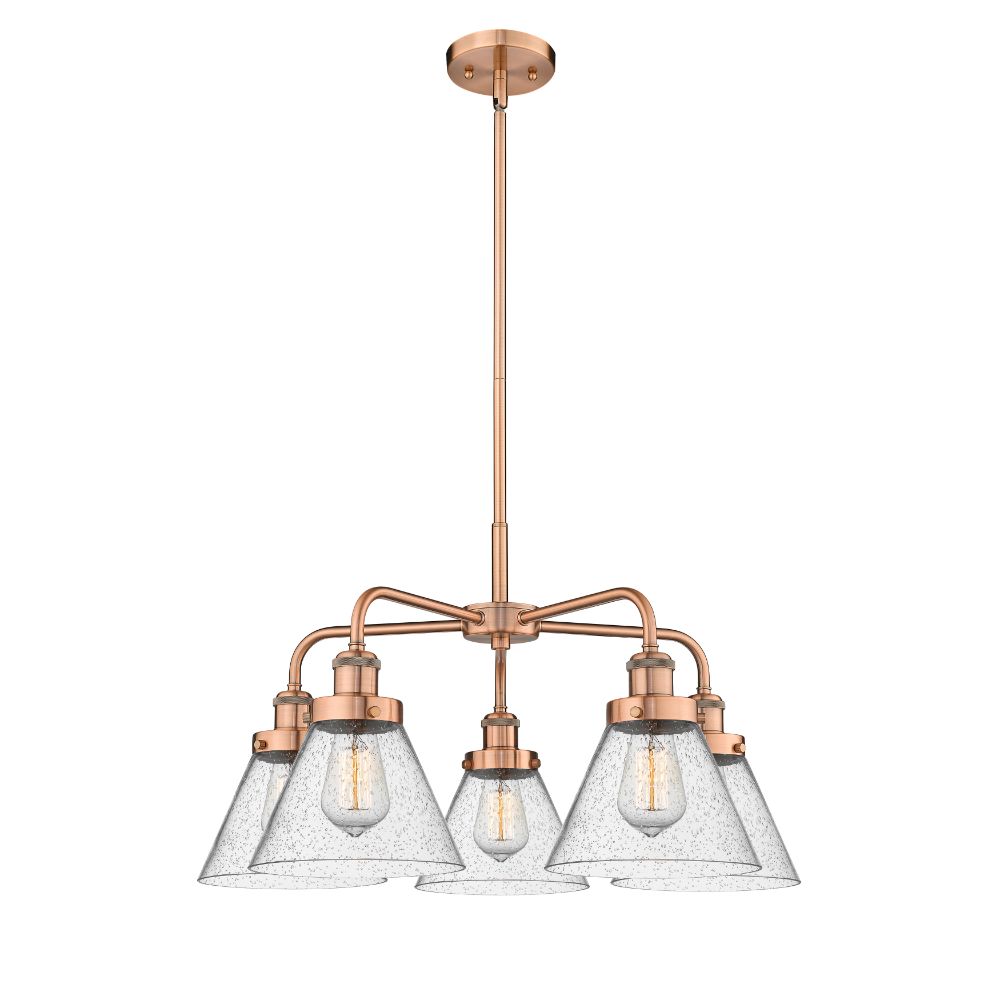 Innovations 916-5CR-AC-G44 Cone - 5 Light 26" Stem Hung Chandelier - Antique Copper Finish - Seedy Glass Shade