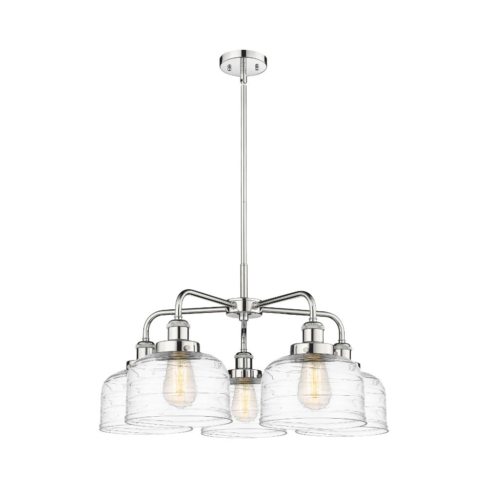Innovations 916-5CR-PC-G713 Bell - 5 Light 26" Stem Hung Chandelier - Polished Chrome Finish - Clear Deco Swirl Glass Shade