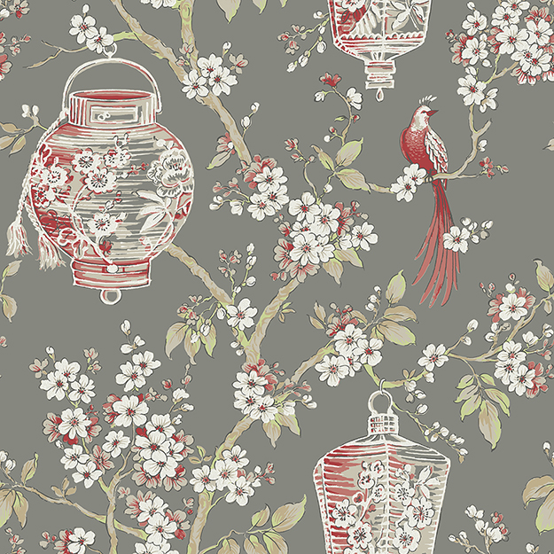 JF Fabrics 2201-36 Floral with Lanterns Straight Match Wallpaper