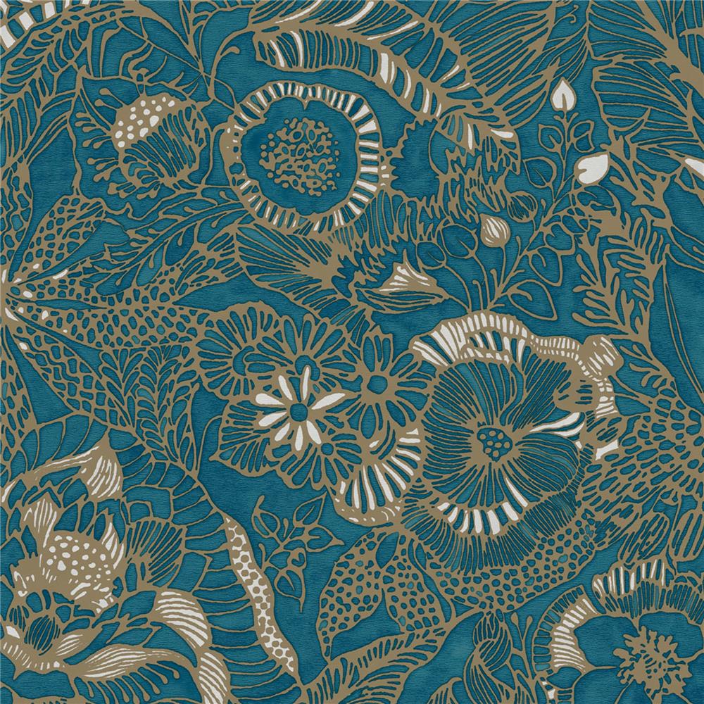 JF Fabrics 52085 65W8611 Impressions Wallpaper in Turquoise; Blue; Gold