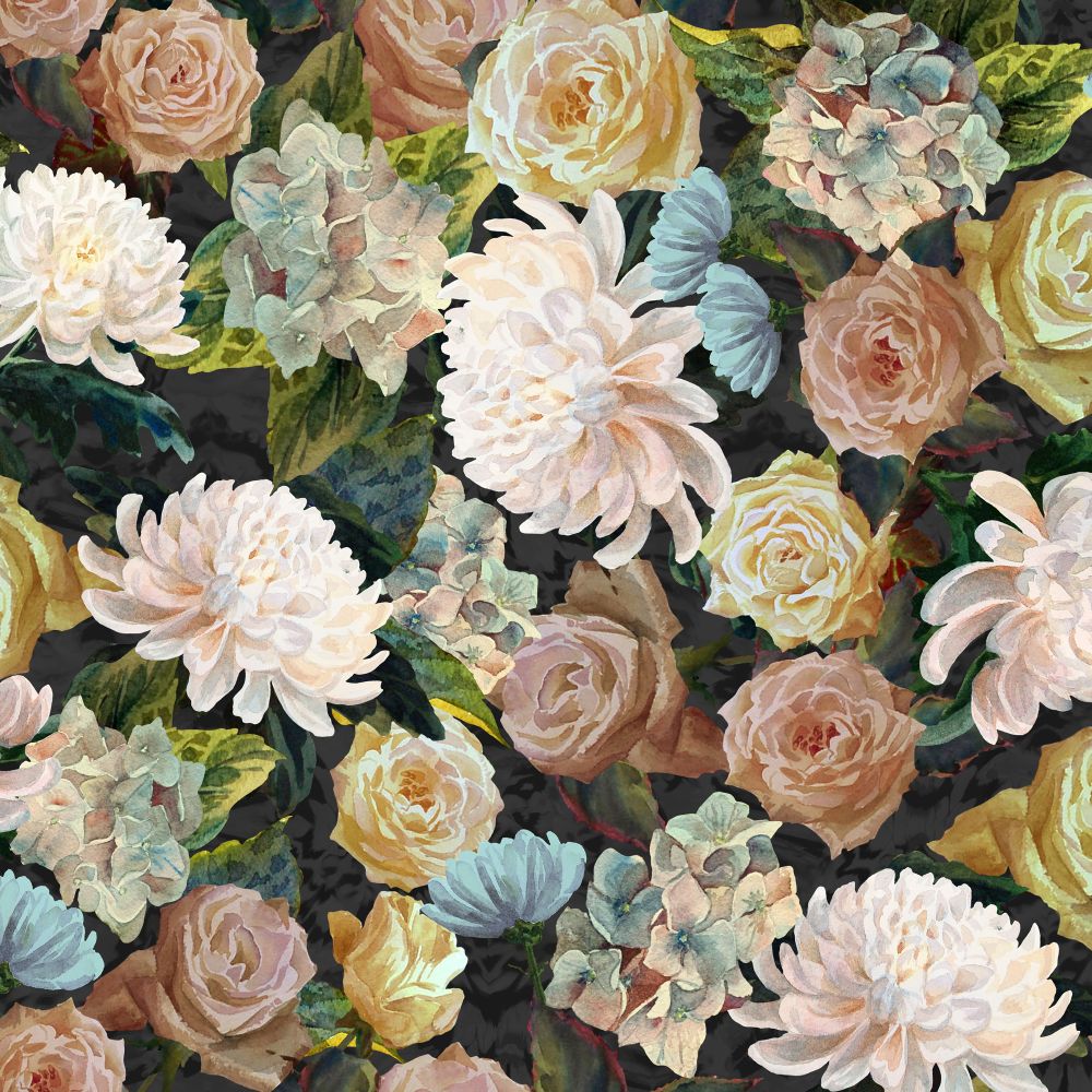 JF Fabrics GINNY 41J9011 Charmed Floral & Nature Fabric in PowderBlue / Blush / Pink / Peach / Gold / Charcoal