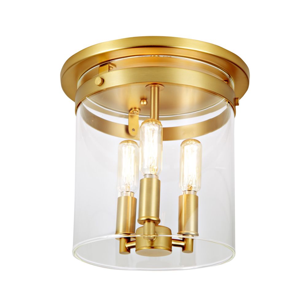 JVI Designs 3021-10 Roxbury three light cylinder glass flushmount in Satin Brass
