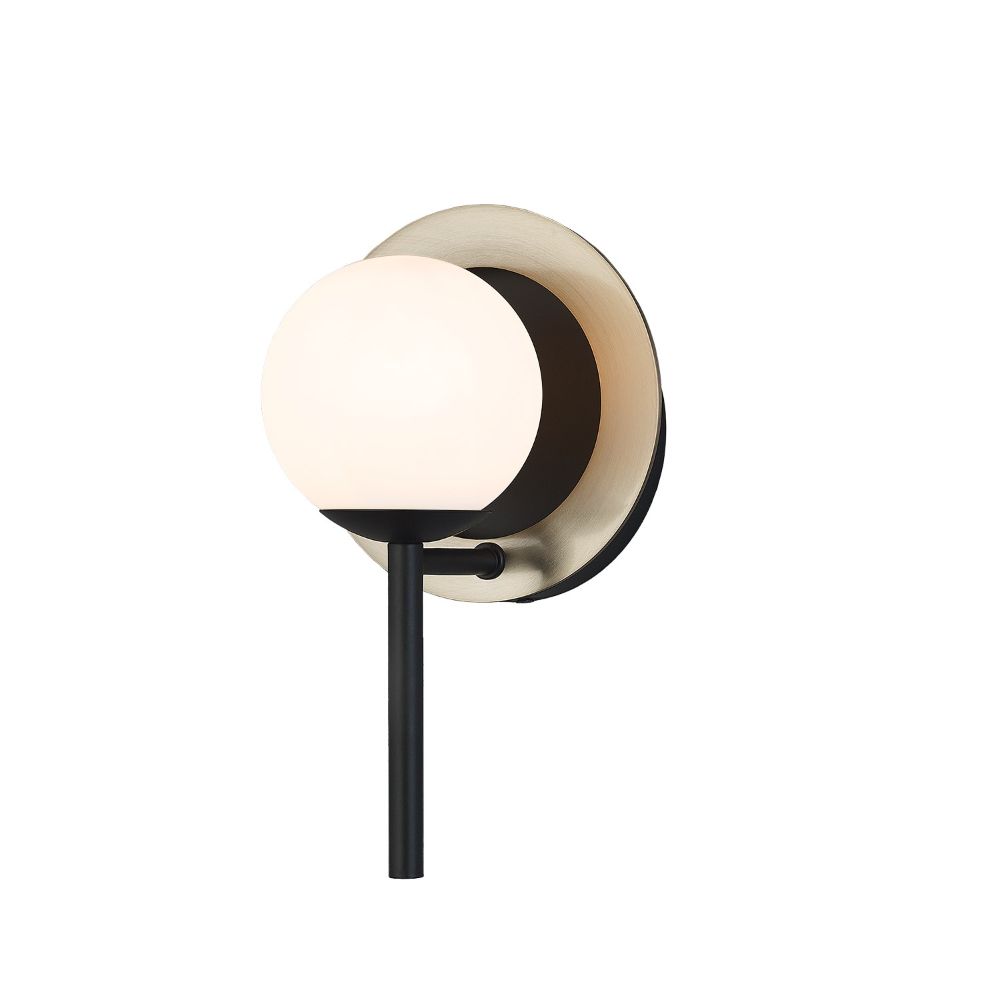 Justice Design Group FSN-4221-OPAL-MBBR Halo 1-Light Wall Sconce in Matte Black W/ Brass Ring