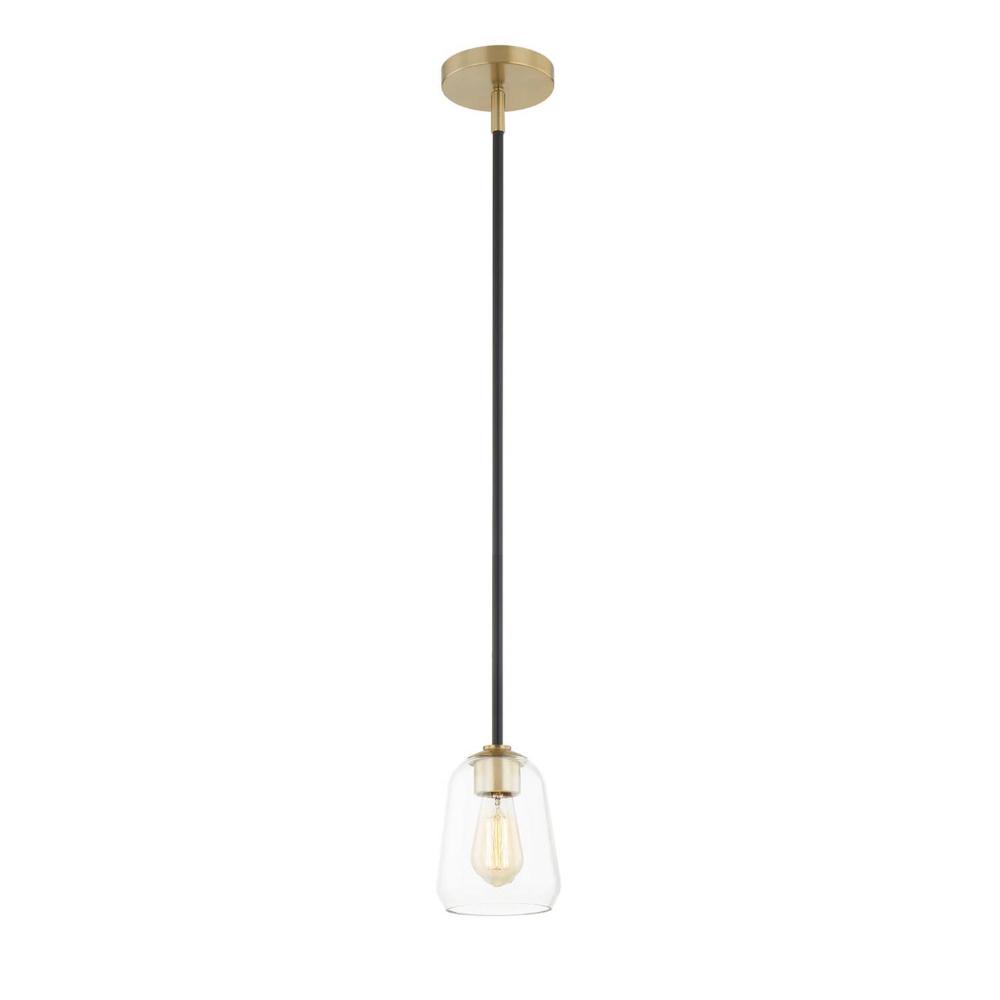 Justice Design FSN-8103-CLER-MBBR Arcwell 1-Light Pendant in Matte Black w/ Brass Accents (MBBR)