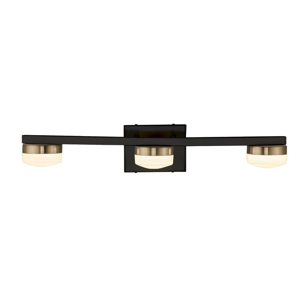 Justice Design Group FSN-8993-OPAL-MBBR Puck 3-Light LED Bath Bar in Matte Black W/ Brass Accents