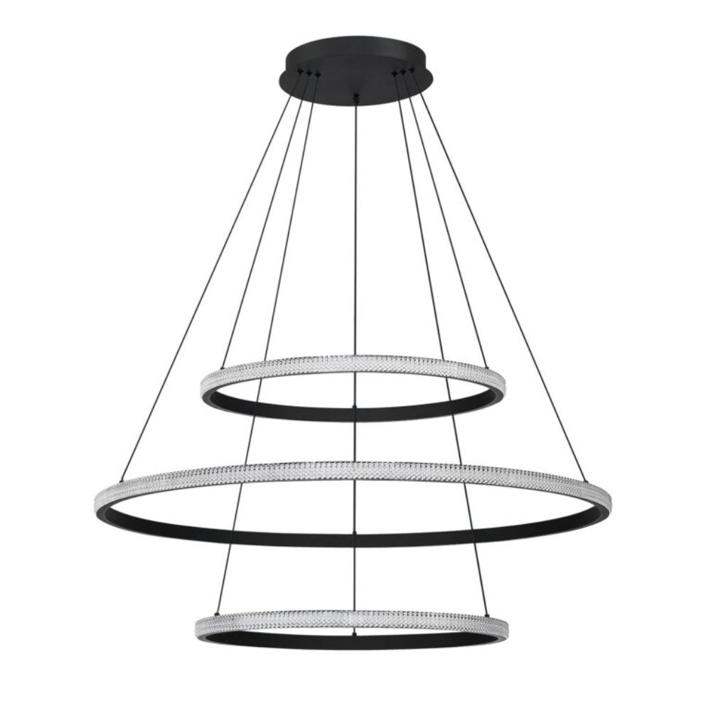 Kendal Lighting PF312-BLK PRADO Tri-Tier LED Pendant in a Black finish with clear Crystaline Acrylic band