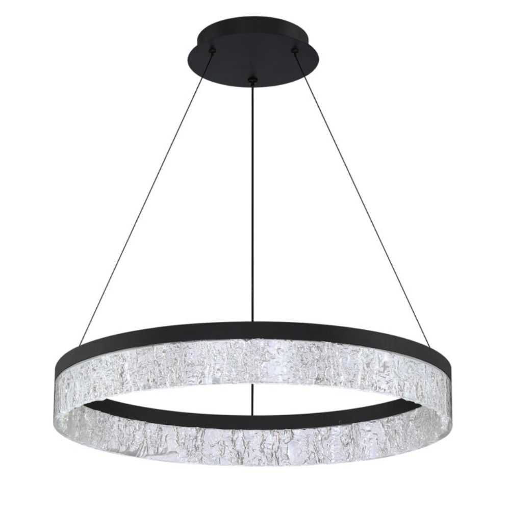 Kendal Lighting PF314-BLK ARCTIC ICE Single Tier LED Pendant in a Black finish featuring acrylic Ice Glass Ring