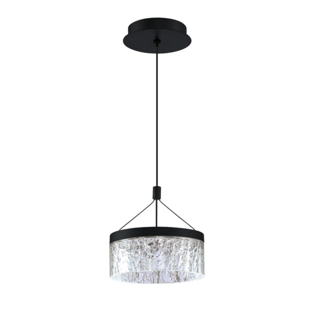 Kendal Lighting PF315-BLK ARCTIC ICE LED Pendant in a Black finish featuring acrylic Ice Glass Ring