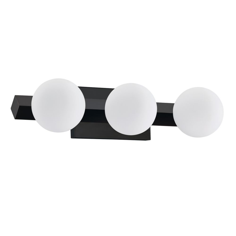Kendal Lighting VF8800-3L-BLK ORBITRON 3-Light G9 Vanity in a Black finish featuring Opal White glass globes