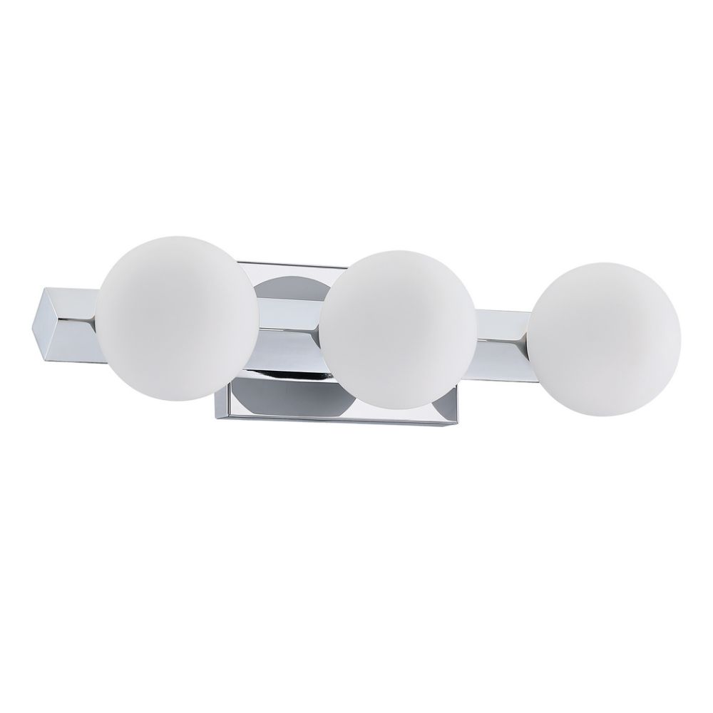 Kendal Lighting VF8800-3L-CH ORBITRON 3-Light G9 Vanity in a Chrome finish featuring Opal White glass globes