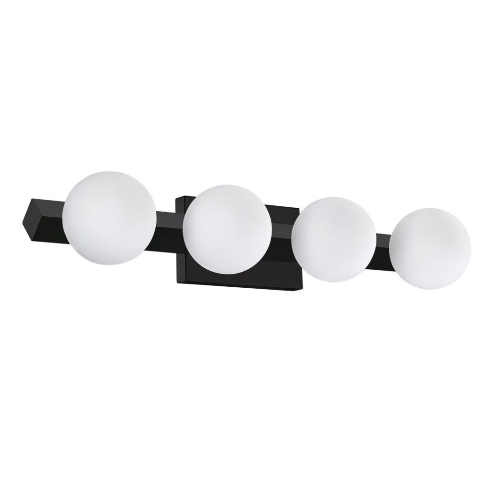 Kendal Lighting VF8800-4L-BLK ORBITRON 4-Light G9 Vanity in a Black finish featuring Opal White glass globes