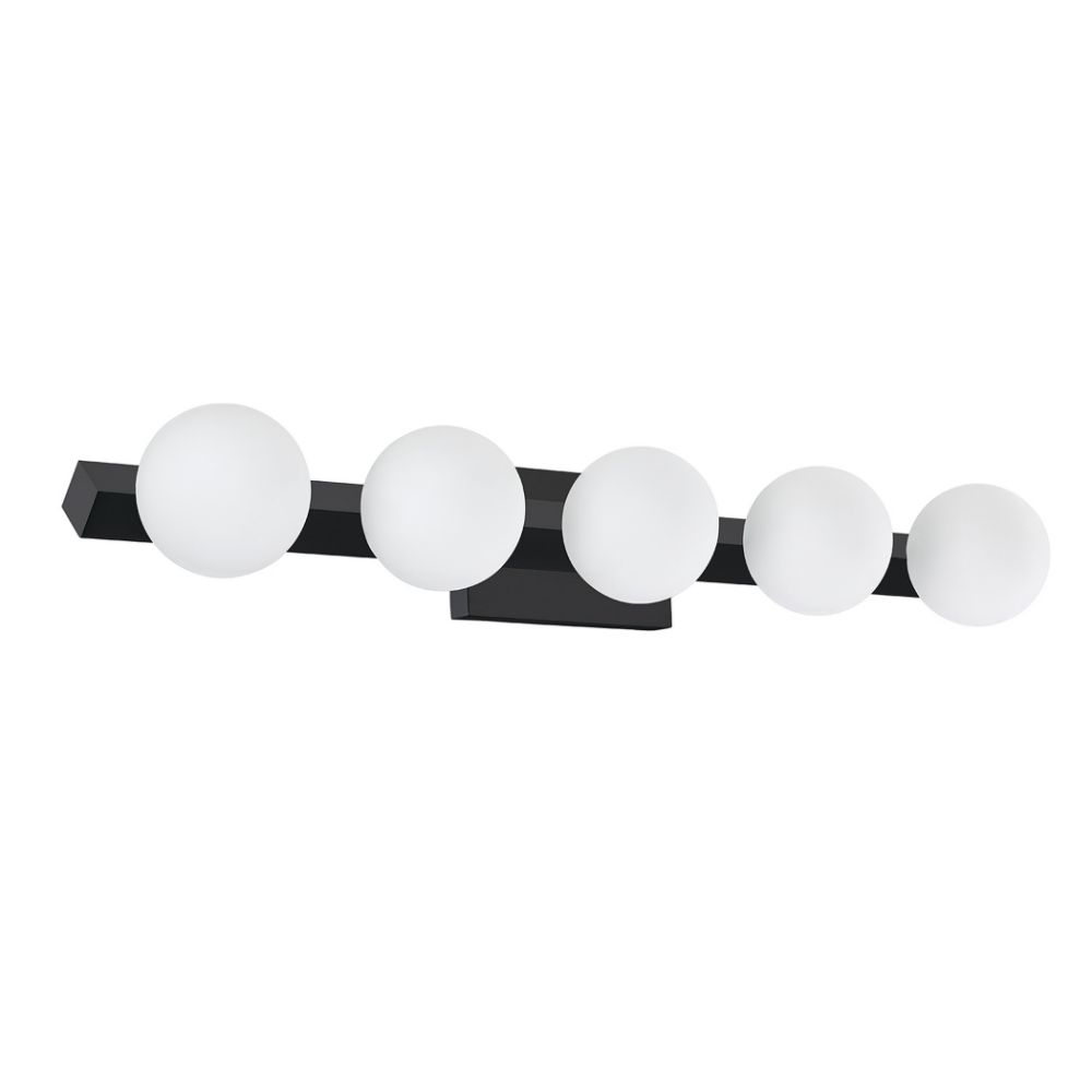 Kendal Lighting VF8800-5L-BLK ORBITRON 5-Light G9 Vanity in a Black finish featuring Opal White glass globes