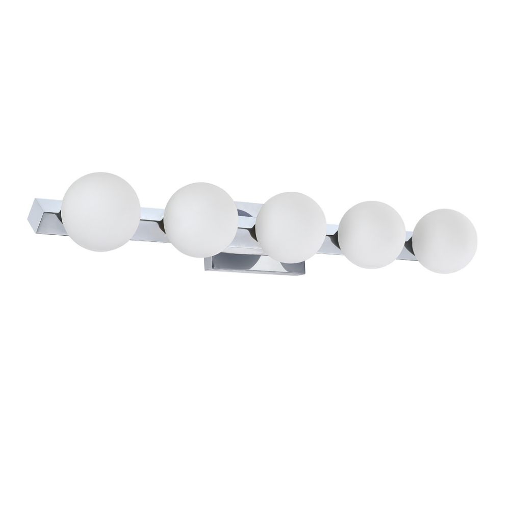 Kendal Lighting VF8800-5L-CH ORBITRON 5-Light G9 Vanity in a Chrome finish featuring Opal White glass globes