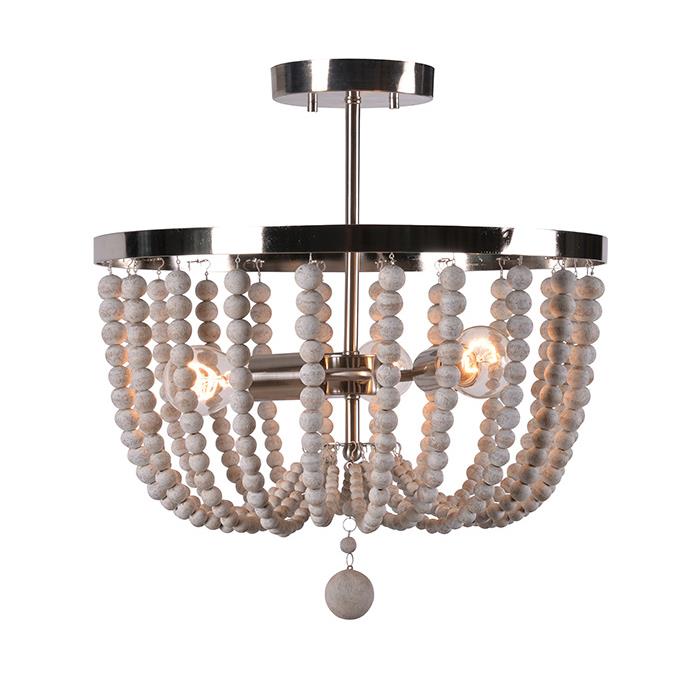 Kenroy Home 93136BS Dumas 3 Light Wood Bead Semi Fl in Brushed Steel with Distressed White Wood Beads