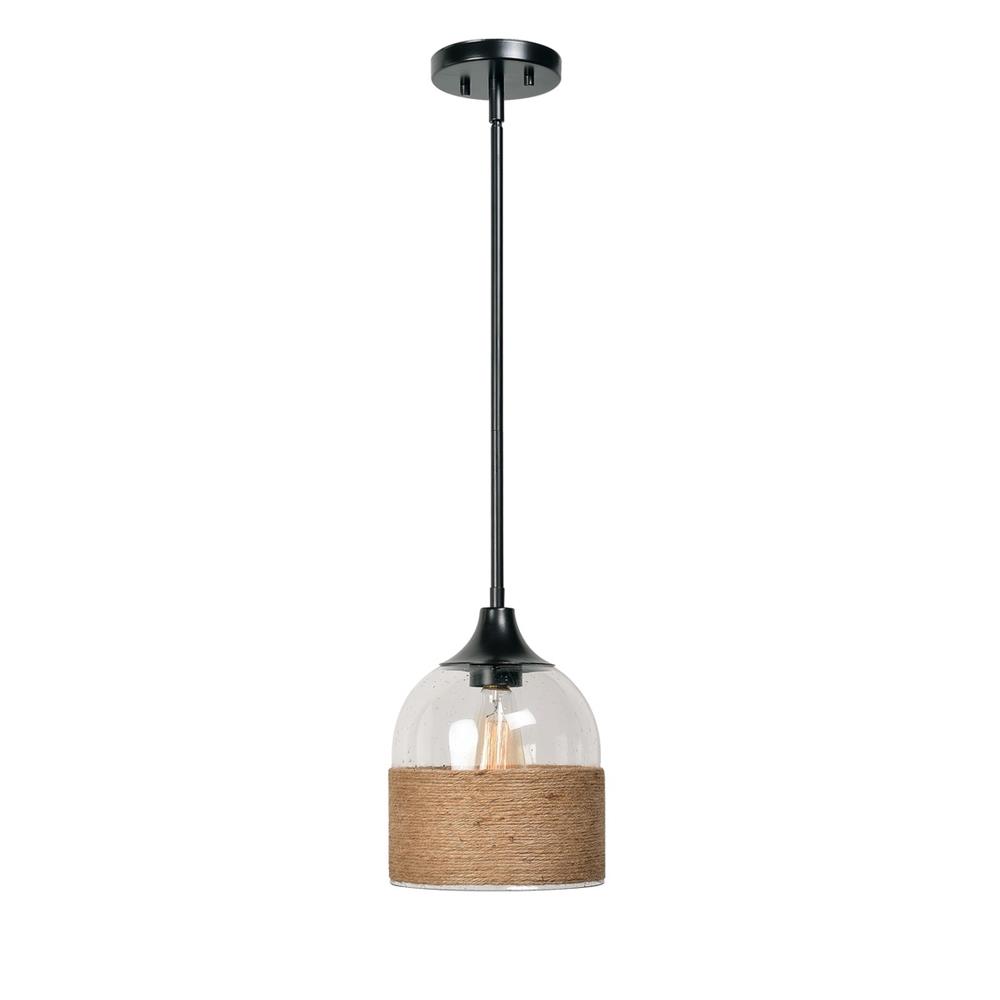 Kenroy Home 94061ORB Catalina 1 Light Pendant in Oil Rubbe Bronze Finish w/ Clear Seed Glass & Rope