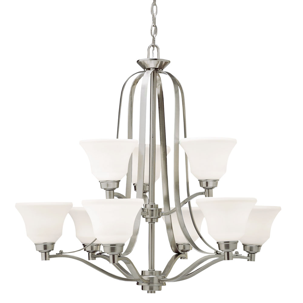 Kichler 1784NI Langford 30.5" 9 Light 2 Tier Chandelier with Satin Etched White Glass in Brushed Nickel