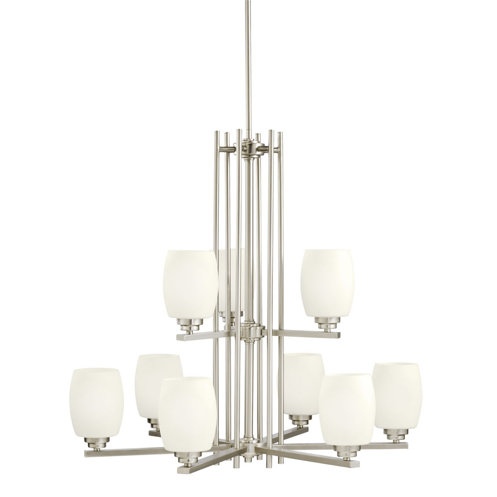 Kichler 1897NI Eileen 28.25" 9 Light 2 Tier Chandelier with Satin Etched Cased Opal Glass in Brushed Nickel