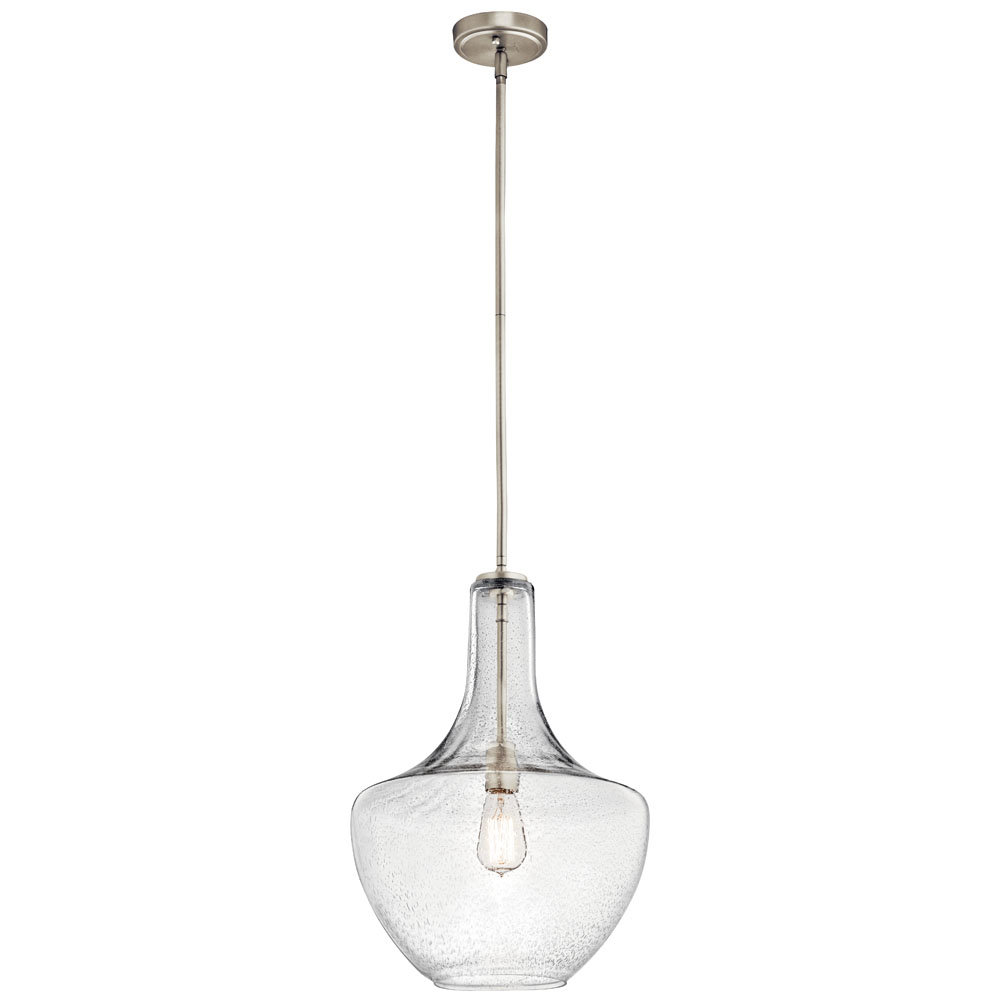 Kichler 42046NICS Everly 19.75" 1 Light Bell Pendant Clear Seeded Glass Brushed Nickel in Brushed Nickel