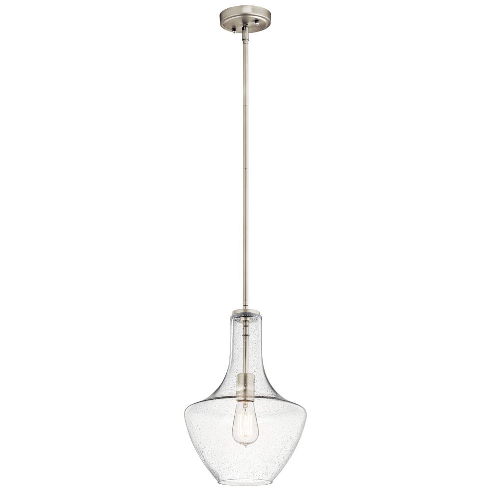 Kichler 42141NICS Everly 15.25" 1 Light Bell Pendant Clear Seeded Glass Brushed Nickel in Brushed Nickel