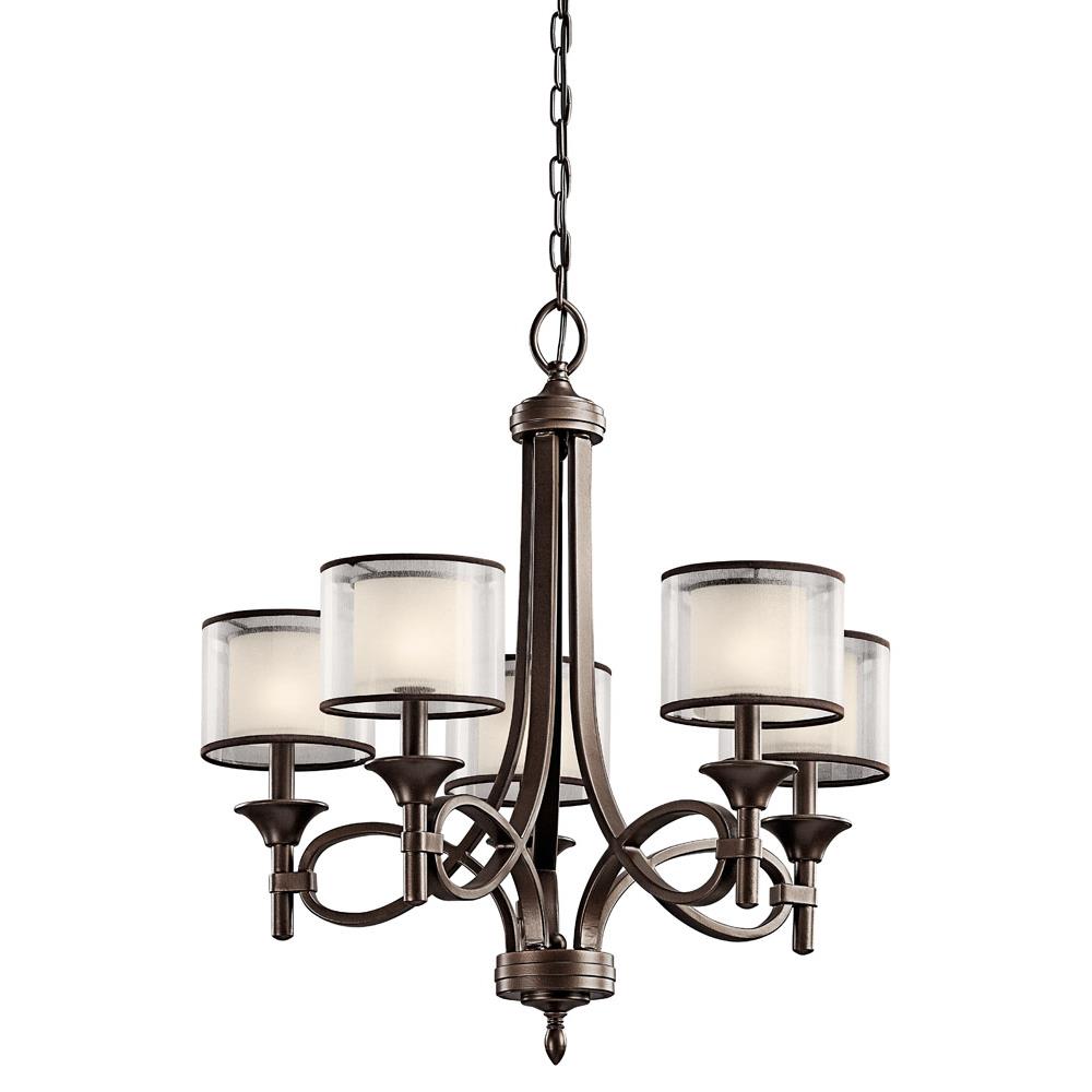 Kichler 42381MIZ Lacey 26" 5 Light Chandelier with Satin Etched Cased Opal Inner Diffusers and Light Umber Translucent Organza Outer Shade in Mission Bronze in Mission Bronze