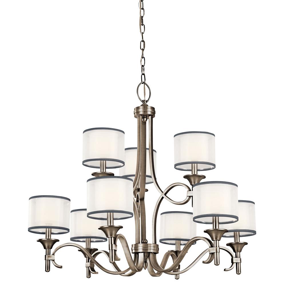 Kichler 42382AP Lacey 29.5" 9 Light 2 Tier Chandelier with Satin Etched Cased Opal Inner Diffusers and White Translucent Organza Outer Shade in Antique Pewter in Antique Pewter