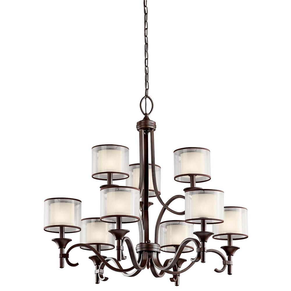 Kichler 42382MIZ Lacey 29.5" 9 Light 2 Tier Chandelier with Satin Etched Cased Opal Inner Diffusers and Light Umber Translucent Organza Outer Shade in Mission Bronze in Mission Bronze