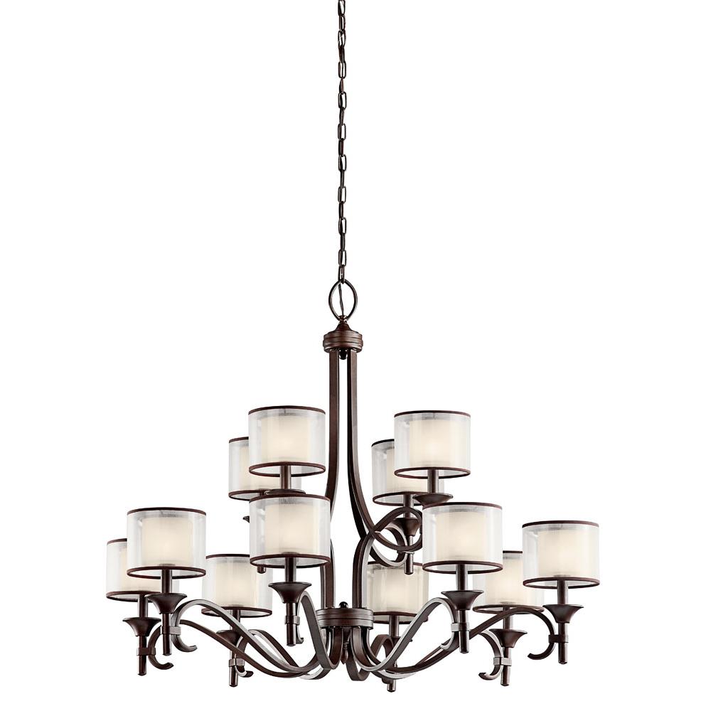 Kichler 42383MIZ Lacey 32" 12 Light 3 Tier Chandelier with Satin Etched Cased Opal Inner Diffusers and Light Umber Translucent Organza Outer Shade in Mission Bronze in Mission Bronze